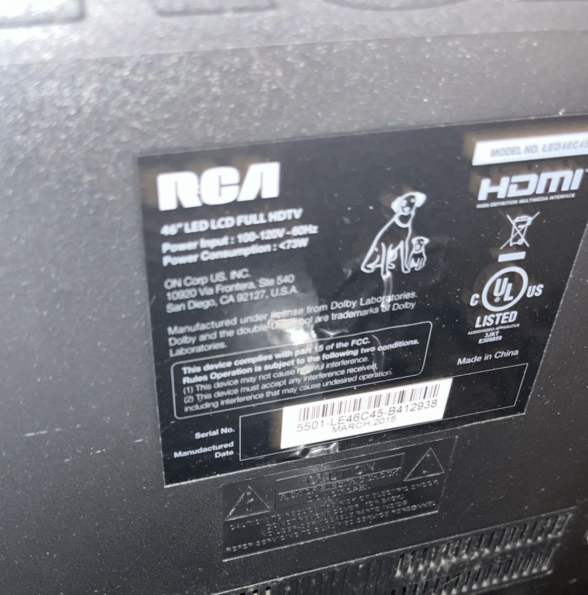 46” LCD LED RCA TV