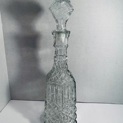 Vintage  Clear Glass Decanter With Lid  Tall Hex Shaped Liquor Bottle