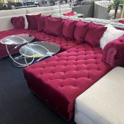 Red Burgundy Dual Chaise Tufted Sectional 
