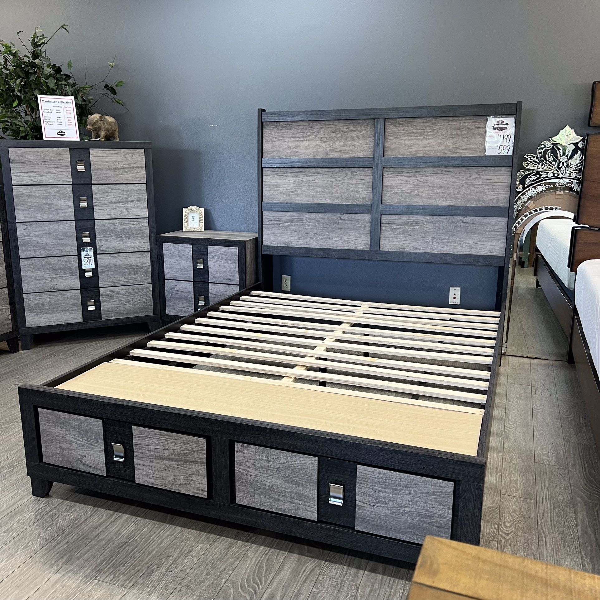 Grey Queen Size Storage Bed 4pc Bedroom Set - Manhattan Collection 