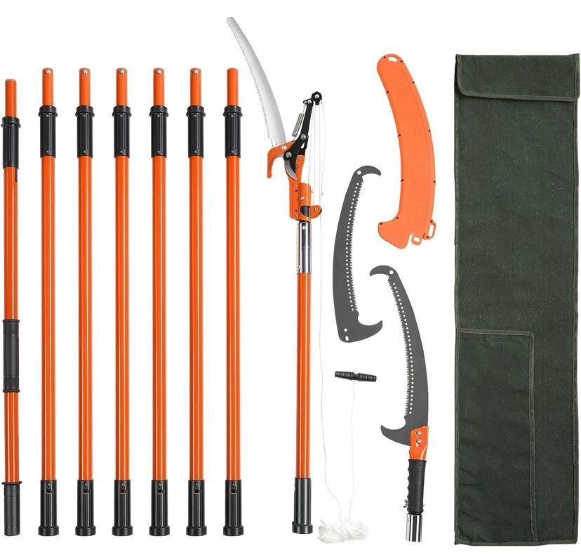 Manual Pole Saw, 7.3-27 ft Extendable Tree Pruner, Sharp Steel Blade and Scissors High Branches Trimming, Branch Trimmer with Lightweight 8 Fiberglass
