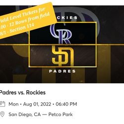 2 Field Level Tickets 12 Rows from field for $100 - Tonight 8/1 