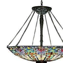 Quoizel, Tiffany Style, Bowl Chandelier, Resin, Art Glass, Bronze, 2010s