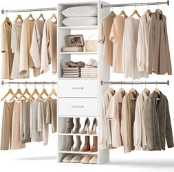 W2 Closet System with 2 Drawers, 3.5FT-7.7FT Closet Organizer System with 4 Chrome-Plated Telescopic Rods & 5 Adjustable Shelves, Custom Wood Walk-In