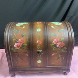 Vintage Round Dome Top Wood Trunk Cabinet Floral