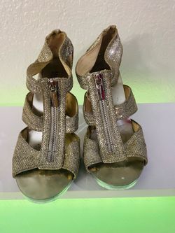 Michael Kors Women’s Gold/Silver Strappy Open Toe Glitter Zip Heels 7