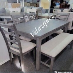 ✅️✅️ 6 pc grey finish wood dining table set padded seat  chairs and bench ✅️✅️
