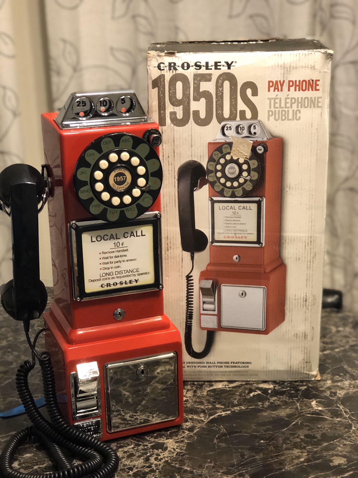 Crosley CR56-RE 1950's Payphone (can be used without coins) with Push Button Technology, Red NEW, FIRM PRICE