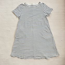 Uniqlo A-Line White Navy Striped Cotton Crew Neck Short Sleeves Shift Dress XS