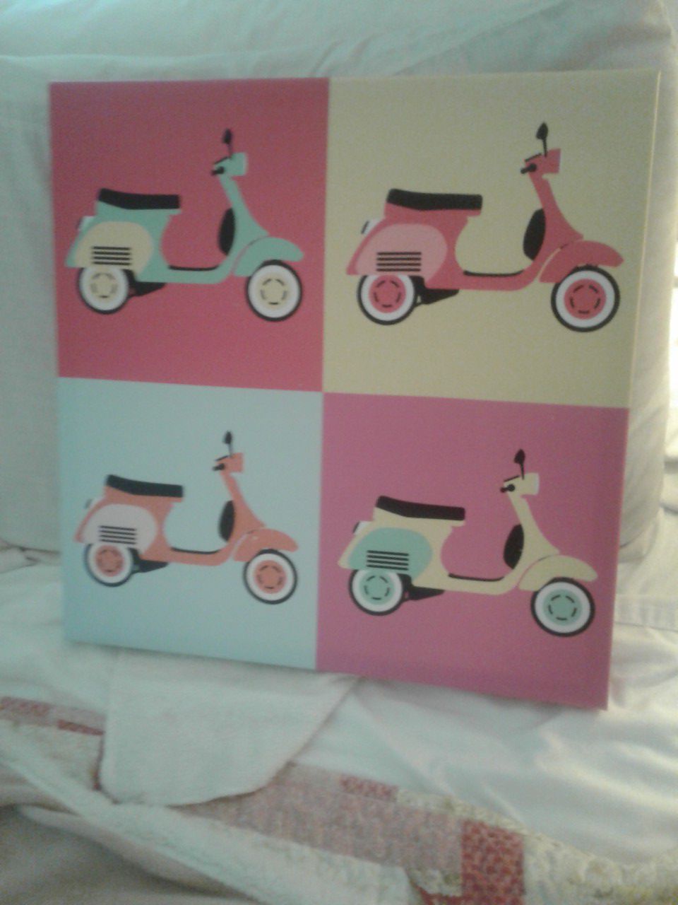 Cute as can be moped picture. Great for dorm rooms. I used for a beach themed bathroom