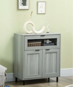 Industrial Buffet Cabinet, Kitchen Sideboard with Metal Grid Flip Drawer, 2-Tier Cabinet, Adjustable Shelf, Gray