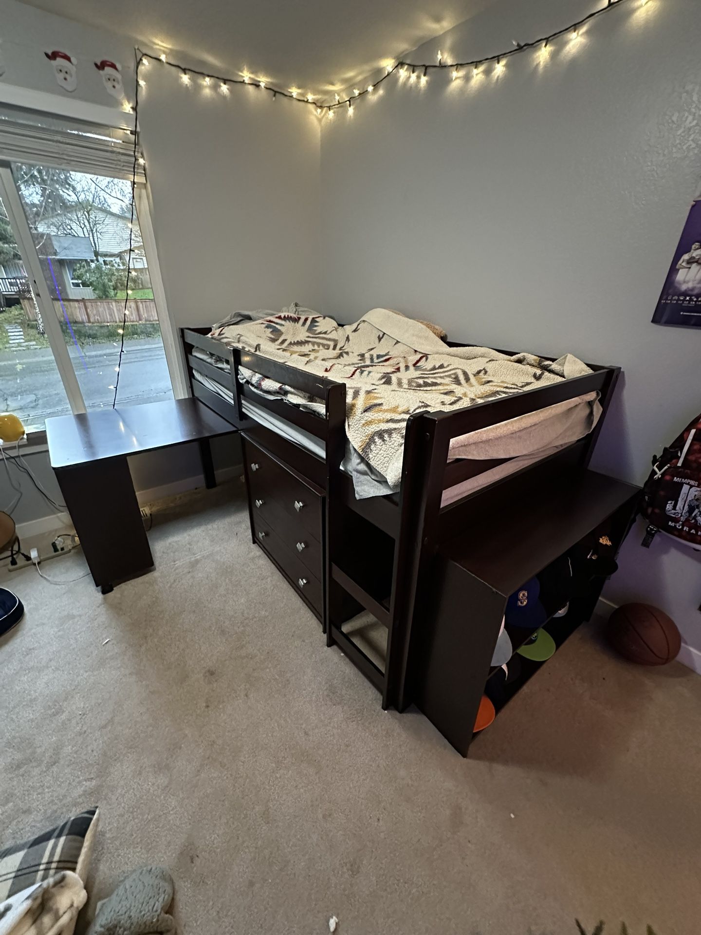 Twin Size Bed Frame, Raised With Pull Out Desk And Drawers