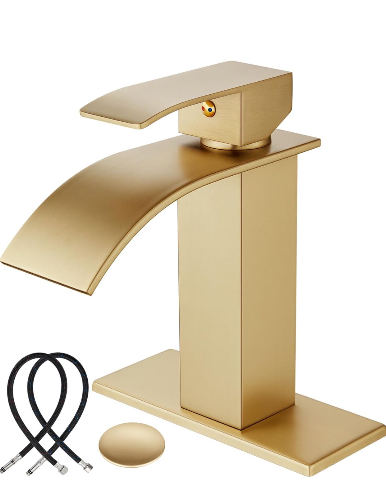 Brushed Gold Bathroom Sink Faucet Waterfall Spout Single Handle 1 Hole Deck Mount Mixer Tap Lavatory Vanity Sink Faucet Commercial with Deck Plate Pop