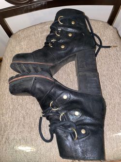 Sorel Black Leather Lace-Up Heeled Combat Boots