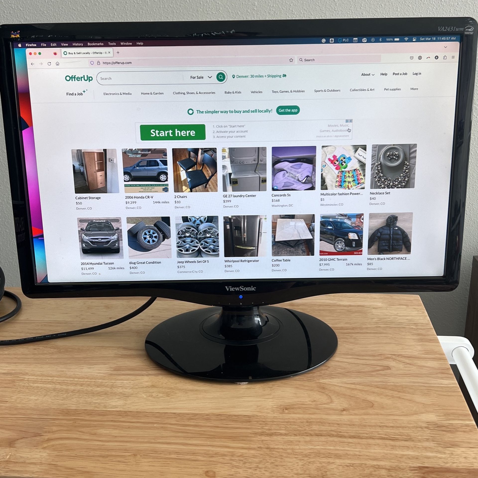 Viewsonic 24” Monitor VA2431WM LCD DVI VGA with Stand, Power Cord And DVI-HDMI Cable