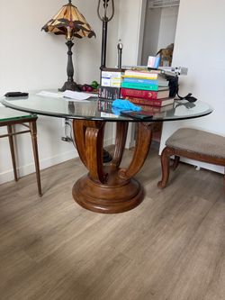 Wood Pedestal Glass Table