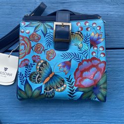 New Anuschka Hand-Painted Leather Tri-Compartment Crossbody Bag in Summer Garden Denim