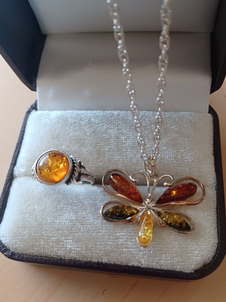 Vintage Sterling Silver Baltic Amber Ring With Matching Necklace