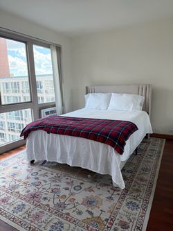 Bed Frame, Mattress, Rug, and Desk