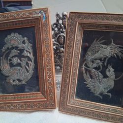 Pair (2) Persian Inlaid Khatam Framed Copper And Silver Art