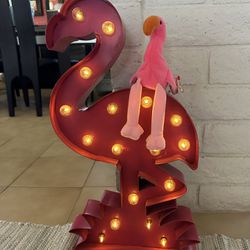Lighted Pink Flamingo And Stuffed Baby Flamingo