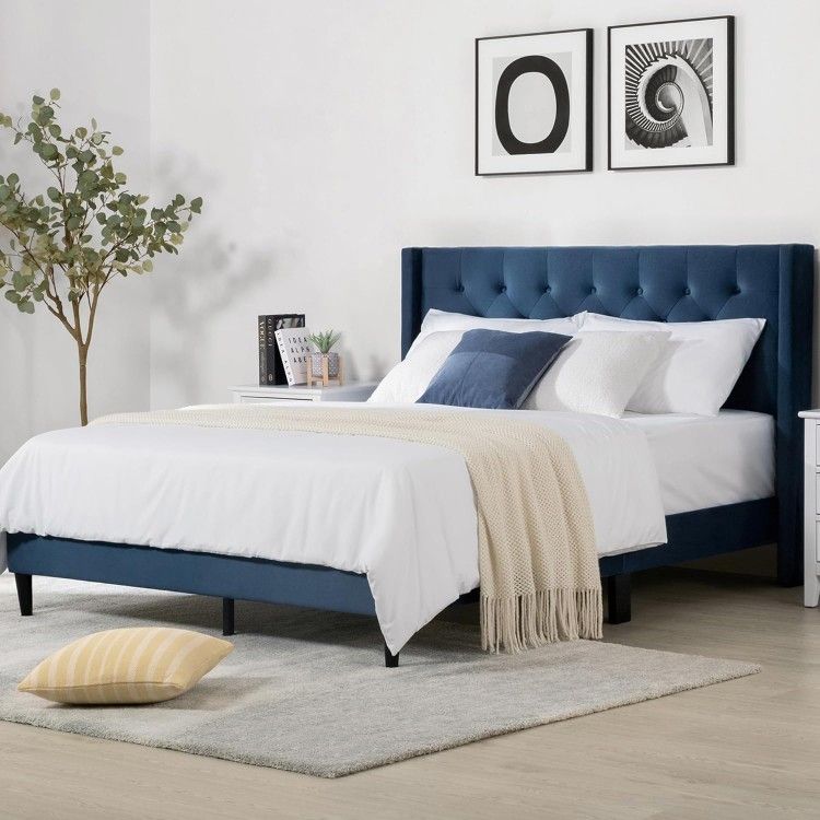 Full Size Bed Frame Velvet Upholstered Platform Bed Mattress Foundation with Vertical Channel Tufted Wingback Headboard Strong Wood Slat No Box Sp