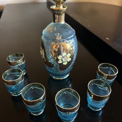 Vintage Blue Glass Decanter Set with 6 Cordial Glasses – Hand-Painted Floral & Gold Trim (Venetian/Bohemian Style)