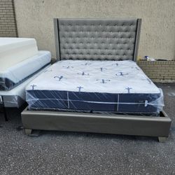 Silver King Size Sofia Vergara Upholstery Bed Frame With Brand New King Size Plush Stearns &foster Studio Mattress And Box Spring In Plastic 