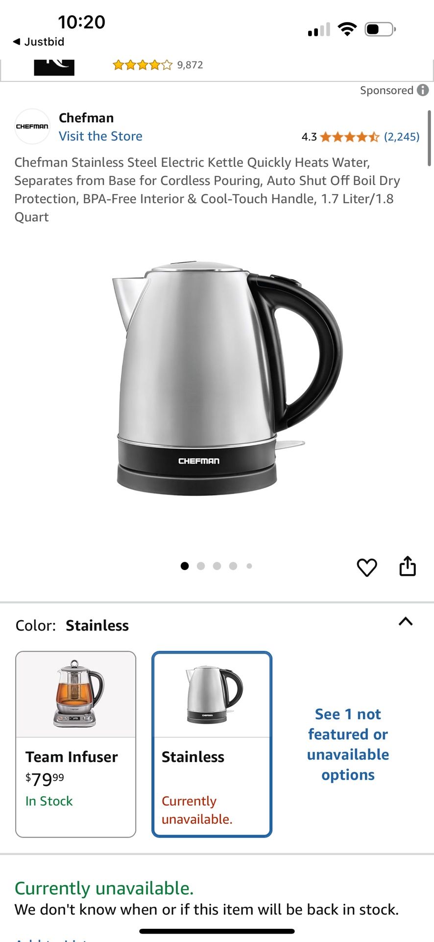 Chefman Stainless Steel Electric Kettle w/ 360 Swivel Base, Auto Shut Off & Boil Dry Protection, BPA-Free Interior and Cool-Touch Handle, 7+ Cup Capac