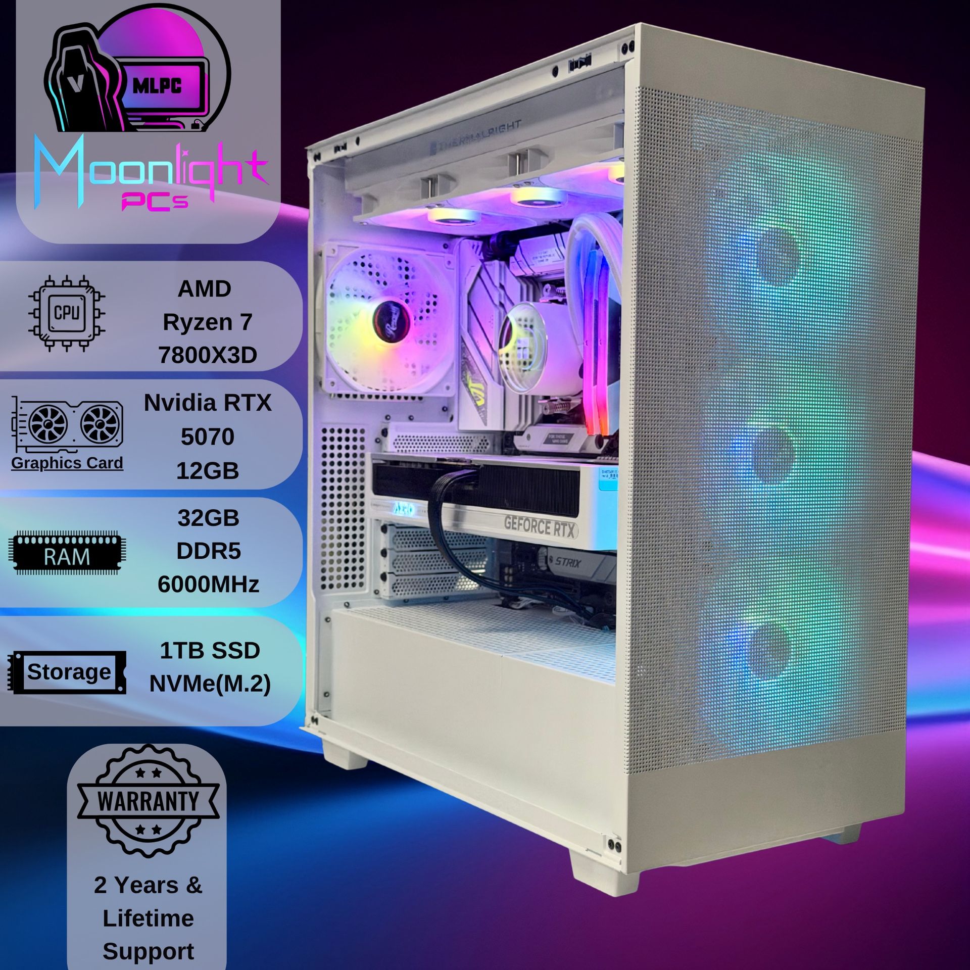 White Eclipse AF70 - Ryzen 7 7800X3D - RTX 5070 RGB Gaming & Streaming PC