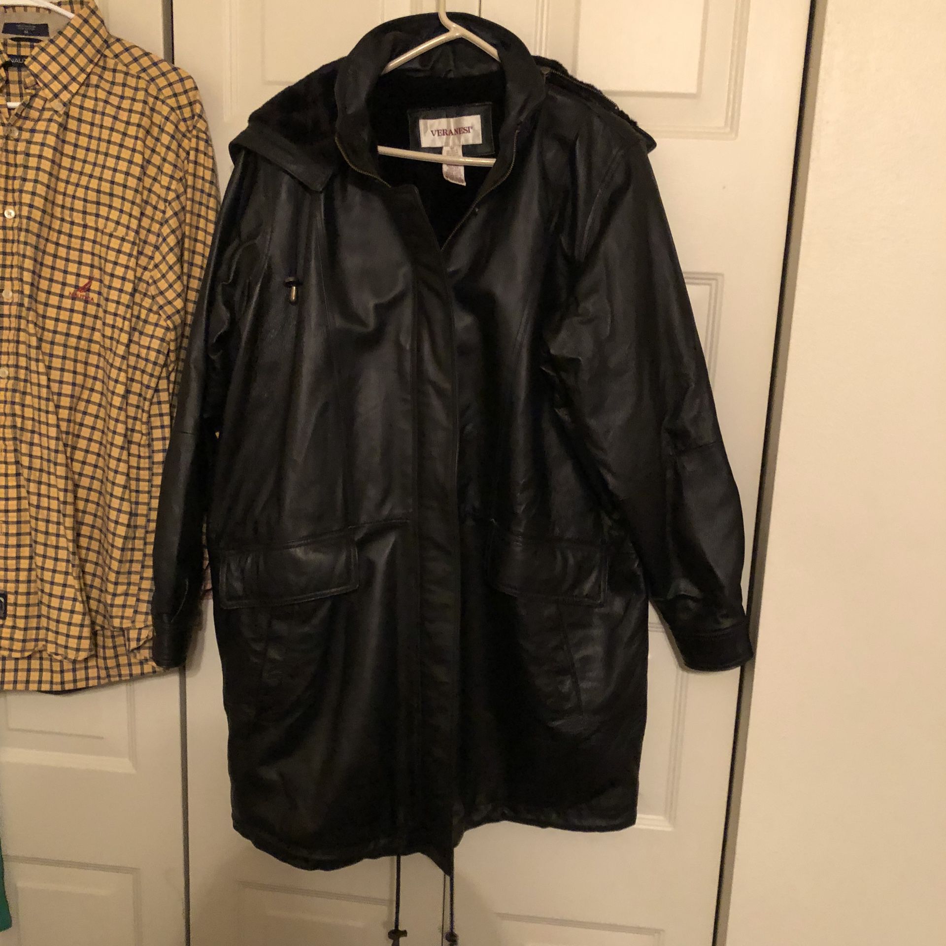 Ladies’ black, leather coat-w/removable hood, zipper, inside pockets size XL-$50 Men’s black leather coat, zip up-$40 Men’s shirts-$3 each or all for 