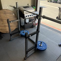 Barbell, Squat Bench Rack, Two 45 Pound Weights 