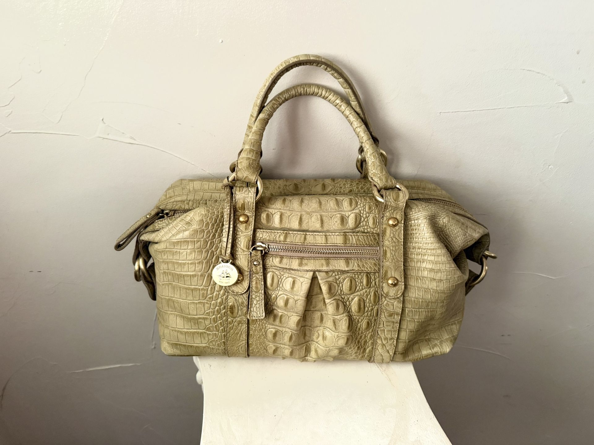 Brahmin Pale Green Tan Leather Bag Purse Alligator Embossed * No Shoulder Strap