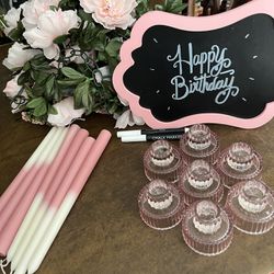 Pink Flower Garland, Tapered Candles, Candle Holders, Chalkboard and Chalk Markers
