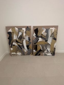 Set of 2 Large Neutral Abstract Canvas Wall Art – Beige Black White