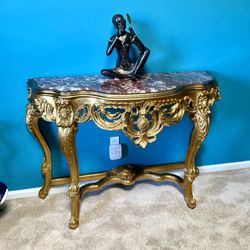 Gold Gilded Wood Carved Console Table with Marble Top