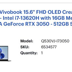 ASUS Vivobook 15.6” OLED – i7 13620H – 16GB RAM – RTX 3050 – 512GB SSD – Excellent Condition