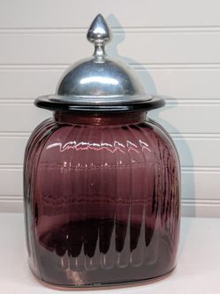 Vintage Amethyst Plum Purple Glass Jar W/ Pewter Lid