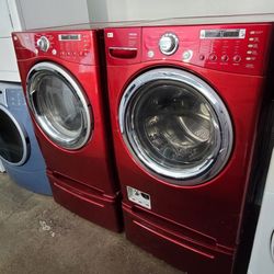 Red LG Front Load Washer And Gas Dryer Set With Pedestals 
