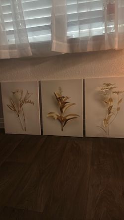 3pc Set Modern Abstract Gold and White Botanical 3-Panel Canvas Wall Art set pieces featuring textured floral designs.