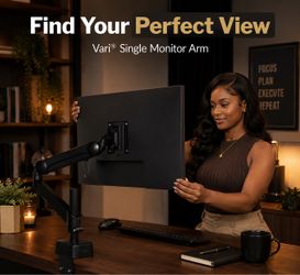 Vari Single Monitor Arm Series 2 – VESA Compatible Monitor Mount for Screens 27” & 19.8 lbs – Adjustable Arm with 360° Rotation, Cable Management & Er