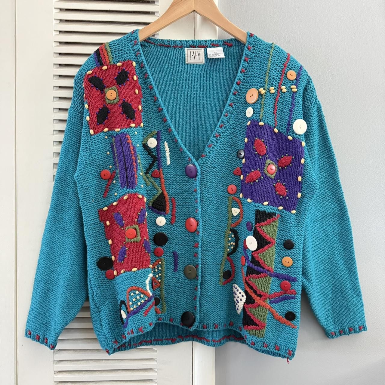 Vintage IVY Embroidered Button Knit Grandma Cardigan Teal Green Sweater