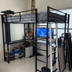 Full Size Black Metal Loft Bed with 3 Ladders