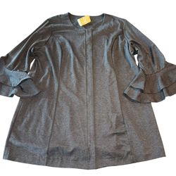 Suzanne Betro Charcoal Ruffle Sleeve Zip Up Jacket Size 3X New With Tags    New with tags.  MSRP $94 Chest 26” across pit to pit Shoulders 18” across 