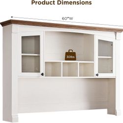 Farmhouse Hutch for 60" Executive Desk, Office Desk Storage Cabinet with Glass Doors and Shelves, Top Hutch Organizer for Home Office - Antique White