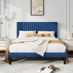 Full Size Velvet Upholstered Platform Bed Frame with Adjustable Vertical Channel Tufted Headboard, Navy Blue
