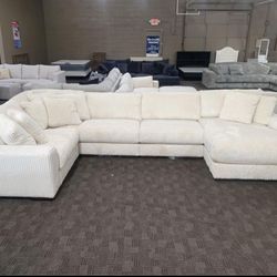 Cream White Corduroy Chaise Sectional 