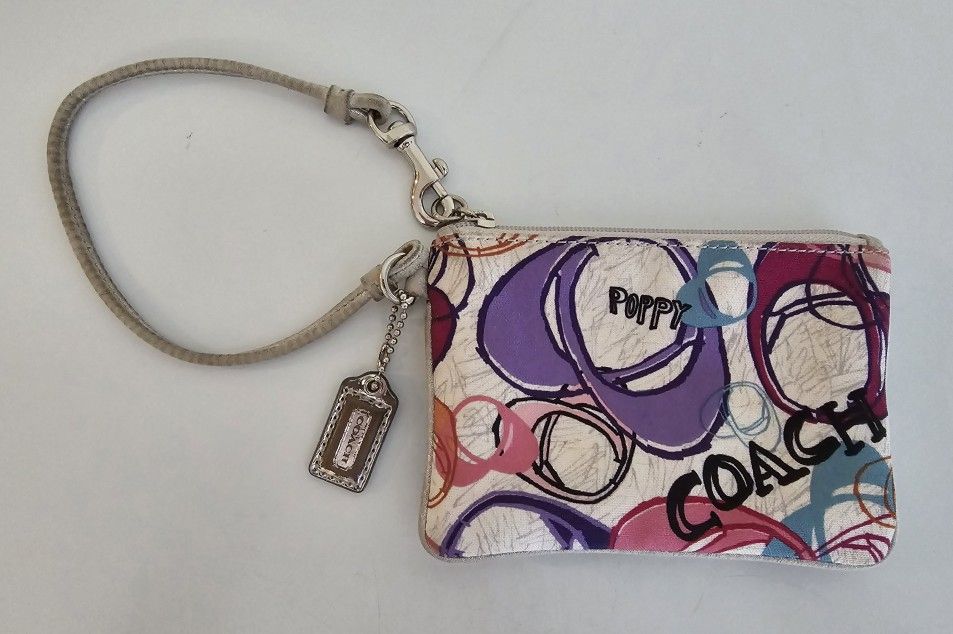 Coach Poppy Graffiti Gray & Pink Logo Canvas Wristlet 4 X 6