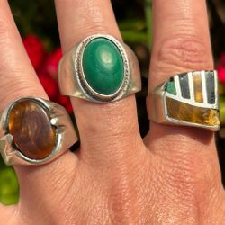 Men’s Sterling Silver 925 Jewelry Inlaid Turquoise Tiger Eye Fire Agate Malachite Gemstone Rings Size 11.5 12 INDIVIDUAL PRICED Gentlemen Ring Real Ge