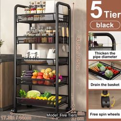 Fruit Vegetable Storage Basket,5 Tier Kitchen Storage Cart with 360 Degree Wheels, Fruit Vegetable Produce Basket Storage Organizer Stackable Metal Me